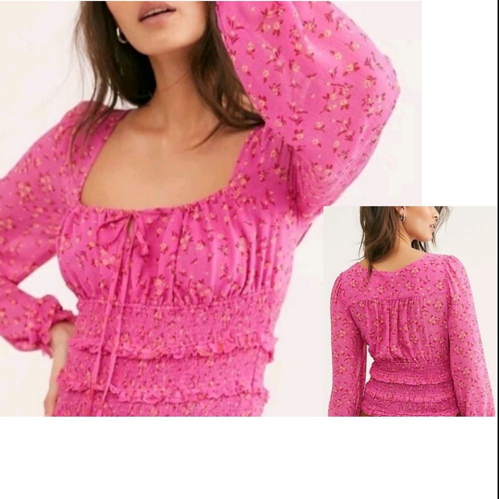Free People Pink Lolita Smocked Floral Blouse